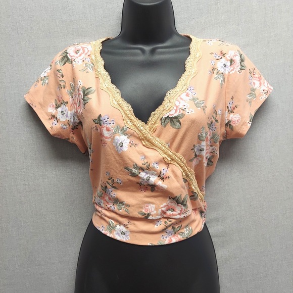 No Comment Tops - No Comment Floral Wrap Top Sz L Lace Trim Tie Y2K Cottagecore Coquette Romantic